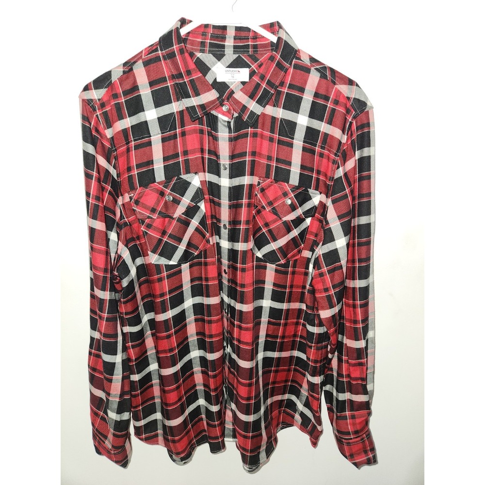 UNTUCKit for her Women's Plaid Flannel Shirt  Red Black 16 Button Down Top
